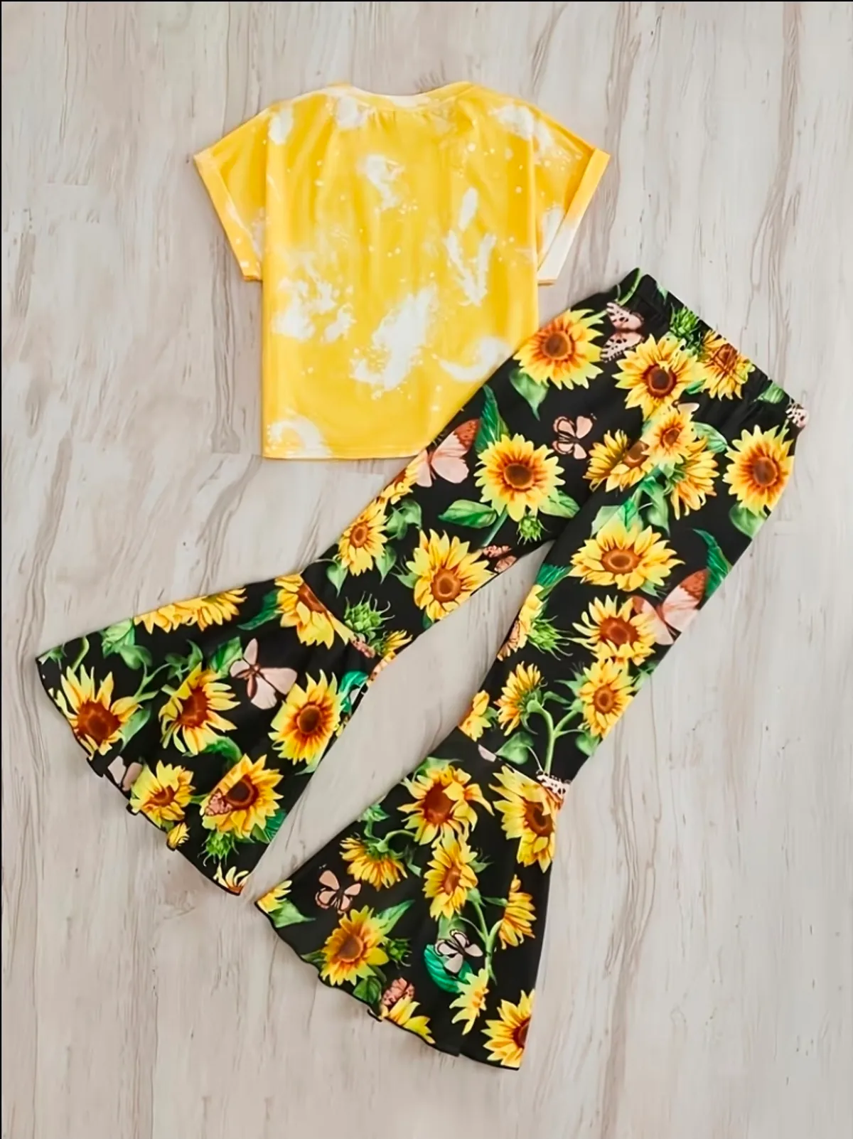 'Sunflower' Girls' Print Short Sleeve Flared Pants Set - Size 9-10Y