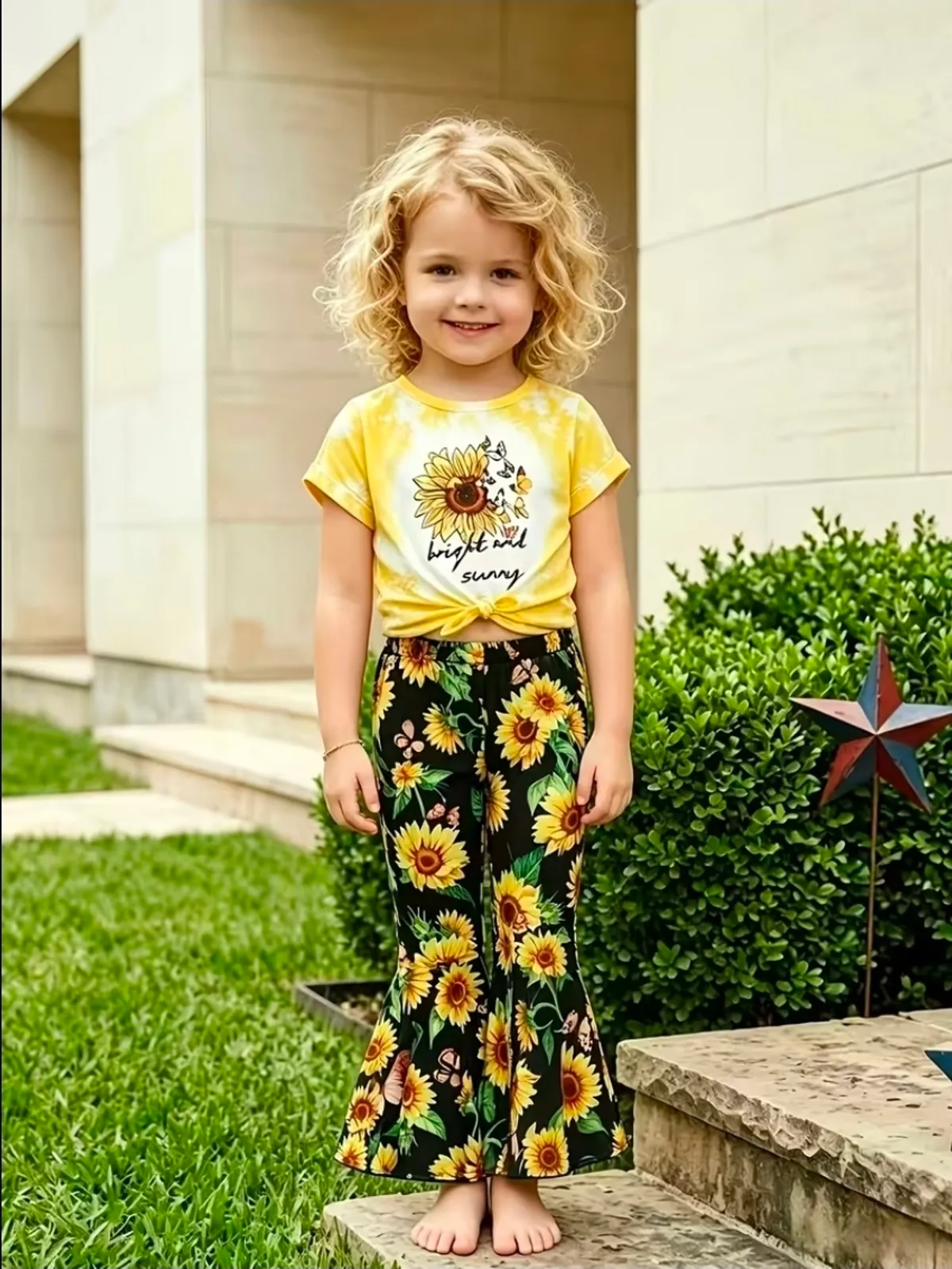 'Sunflower' Girls' Print Short Sleeve Flared Pants Set - Size 9-10Y