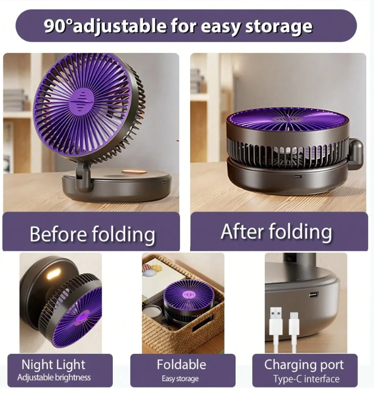 Portable 1200mAh Rechargeable Desk Fan, GREY& PURPLE