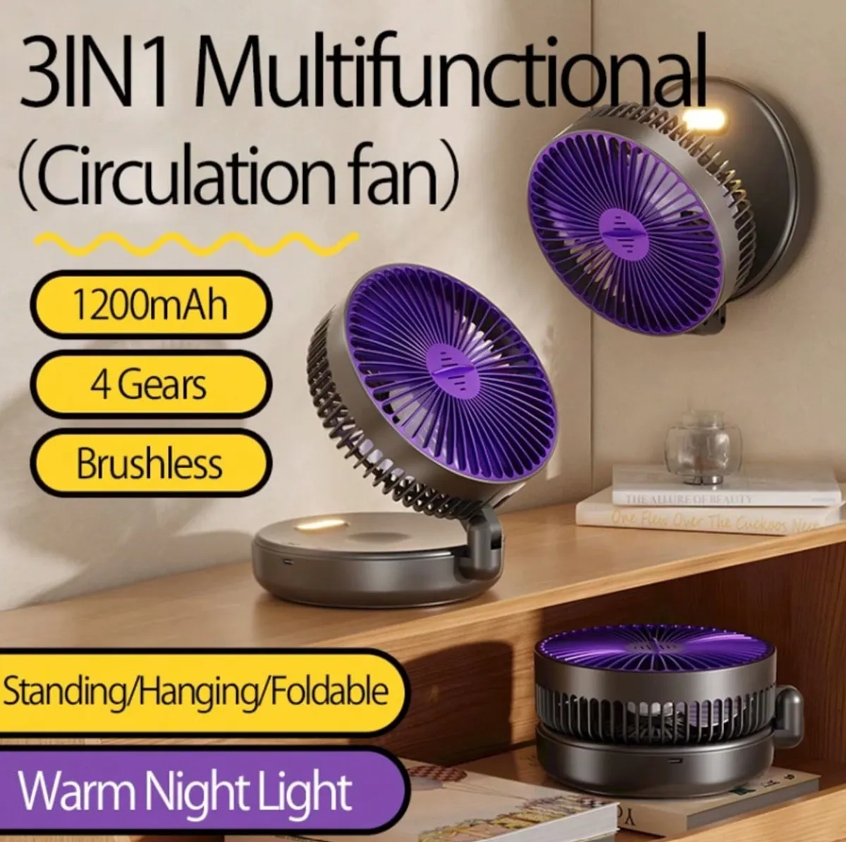 Portable 1200mAh Rechargeable Desk Fan, GREY& PURPLE
