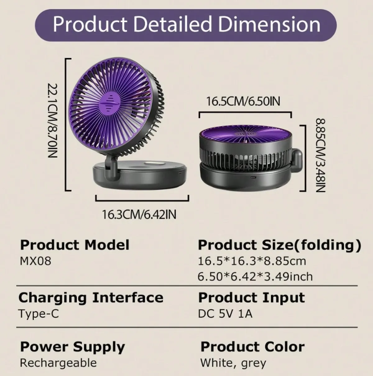 Portable 1200mAh Rechargeable Desk Fan, GREY& PURPLE