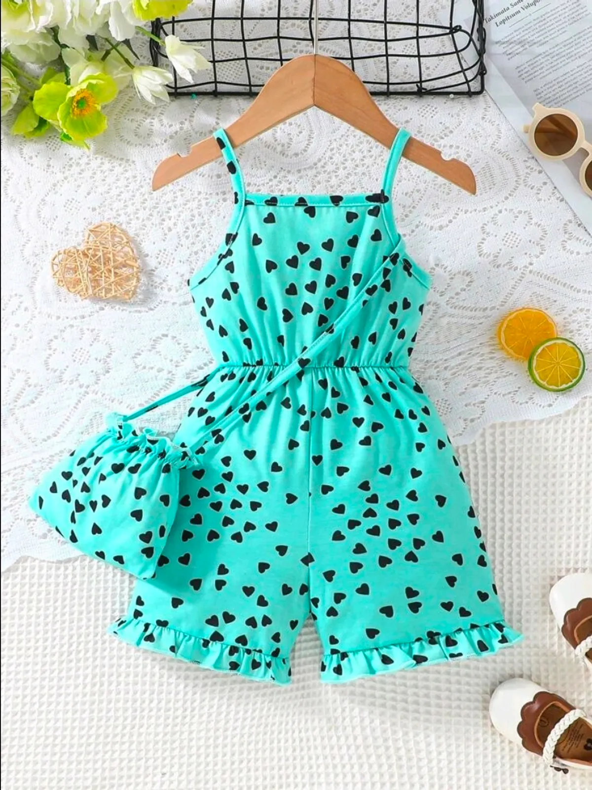Baby Girls Spaghetti Strap Romper + Decorative Bag 2pcs Cute Fashion Outfit Set - Size 6-9M