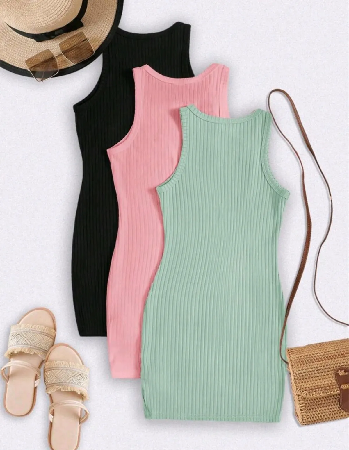 Women's 3PCS Athleisure Sports Set-Ribbed Crew Neck Sleeveless Fitted Pastel Dresses For Women - Size M