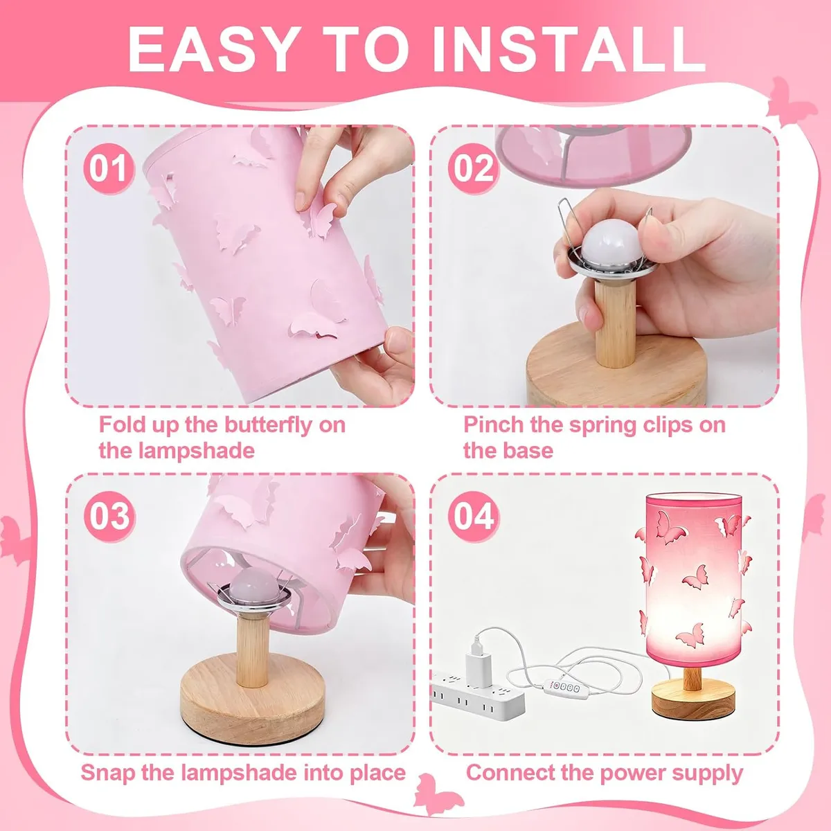 3D Butterfly Table Lamp for Girls – Dimmable Pink Night Light with Wood Base – 3-Color Touch Control Bedside Lamp for Kids & Teens