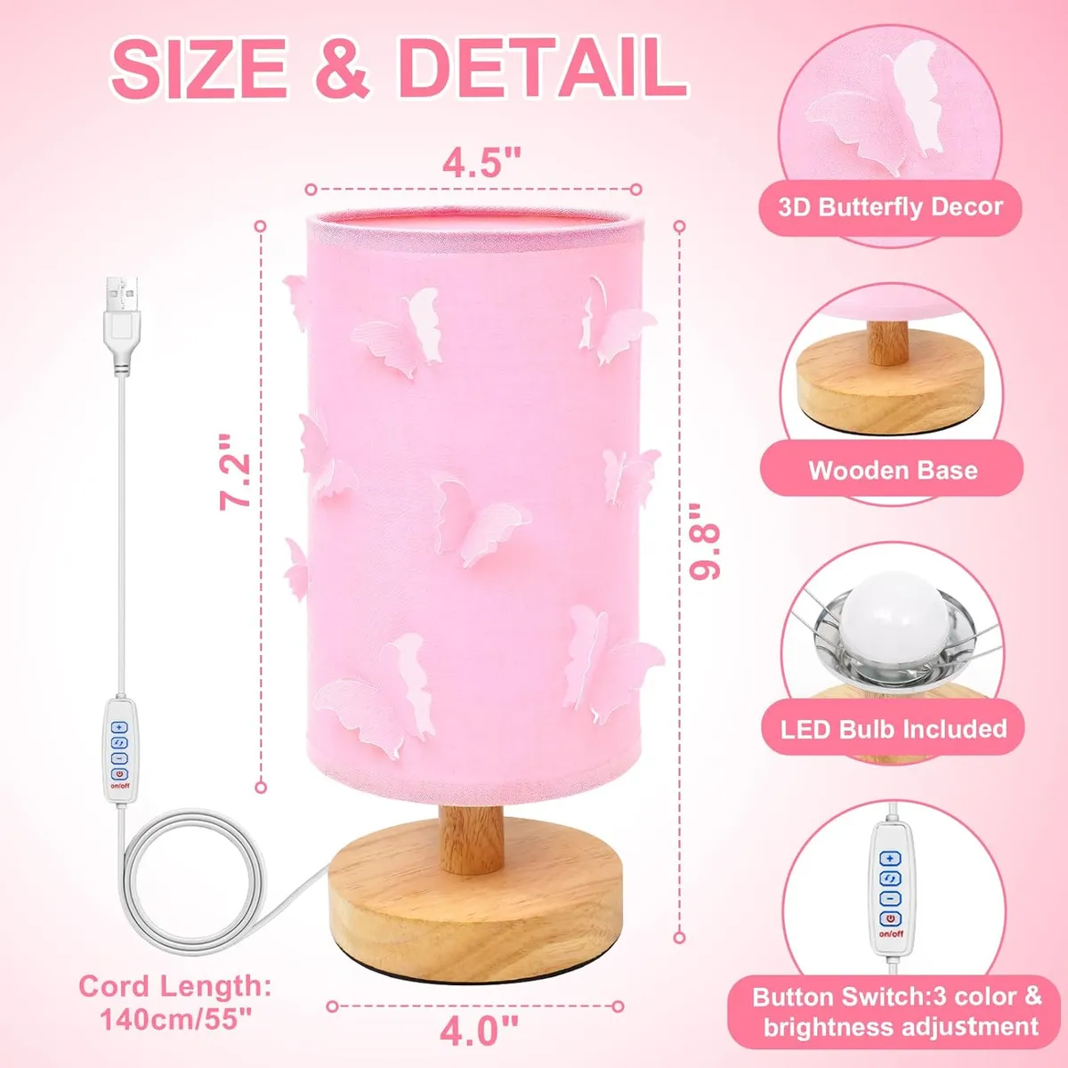 3D Butterfly Table Lamp for Girls – Dimmable Pink Night Light with Wood Base – 3-Color Touch Control Bedside Lamp for Kids & Teens