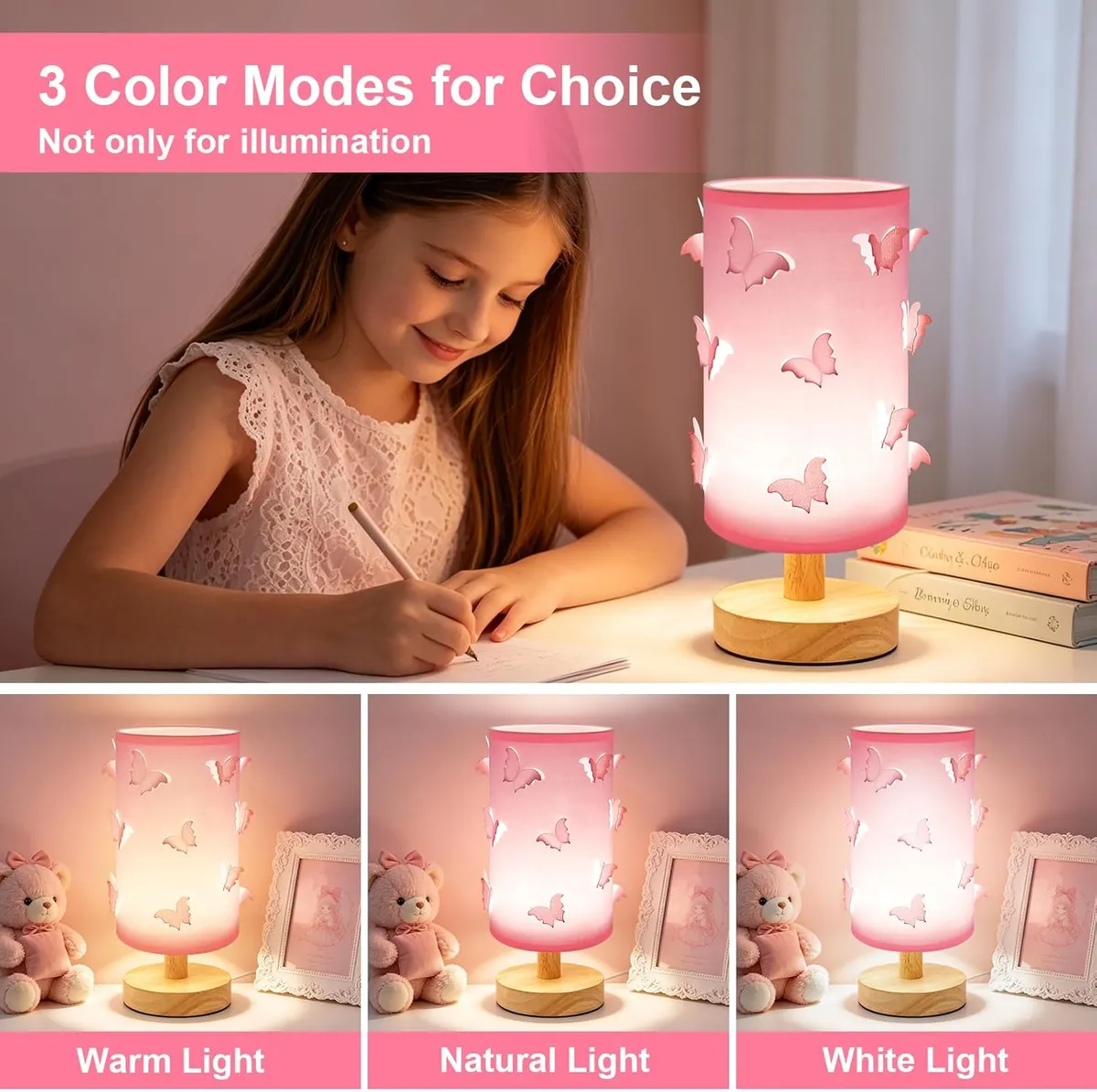 3D Butterfly Table Lamp for Girls – Dimmable Pink Night Light with Wood Base – 3-Color Touch Control Bedside Lamp for Kids & Teens