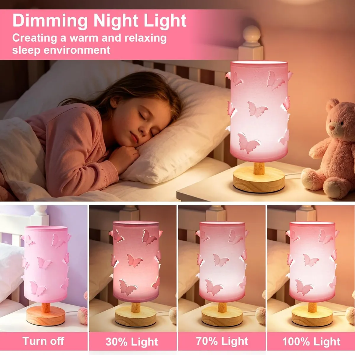 3D Butterfly Table Lamp for Girls – Dimmable Pink Night Light with Wood Base – 3-Color Touch Control Bedside Lamp for Kids & Teens