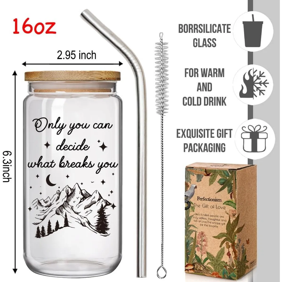 16oz Fantasy Book Lover Glass Cup with Lid & Straw, "Only You Can Decide What Breaks You" Quote, Inspirational Gift for Readers & Bookworms, Iced Coffee Tumbler