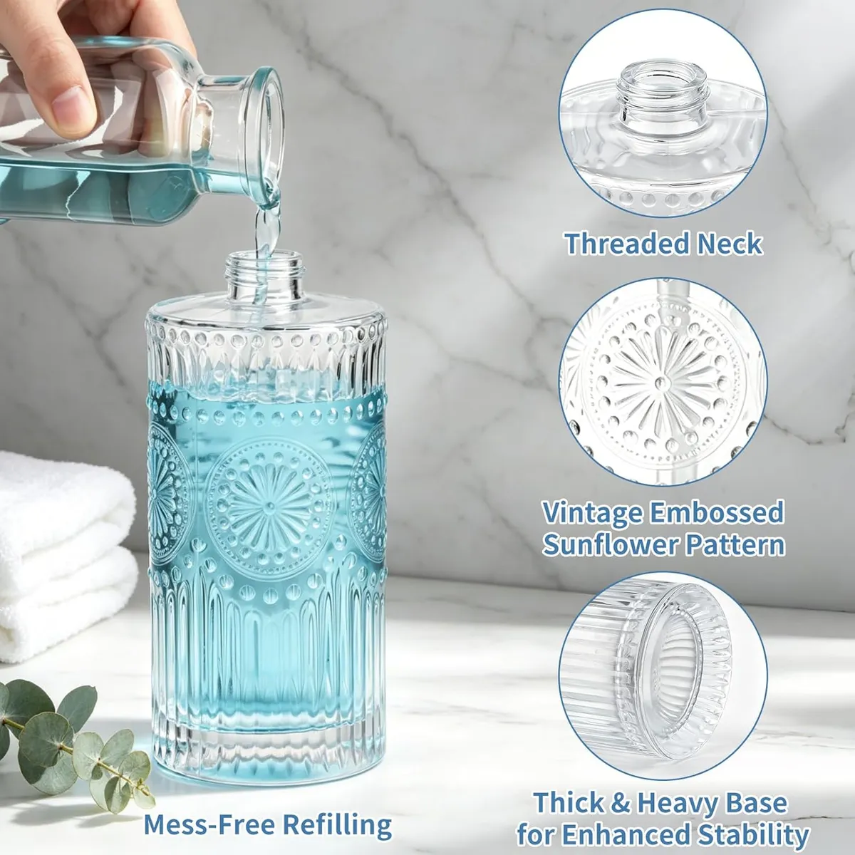 Vintage Sunflower Glass Soap Dispenser (16oz), Elegant Embossed Liquid Soap Bottle with Rust-Proof Pump, Refillable for Kitchen, Bathroom & Farmhouse Decor