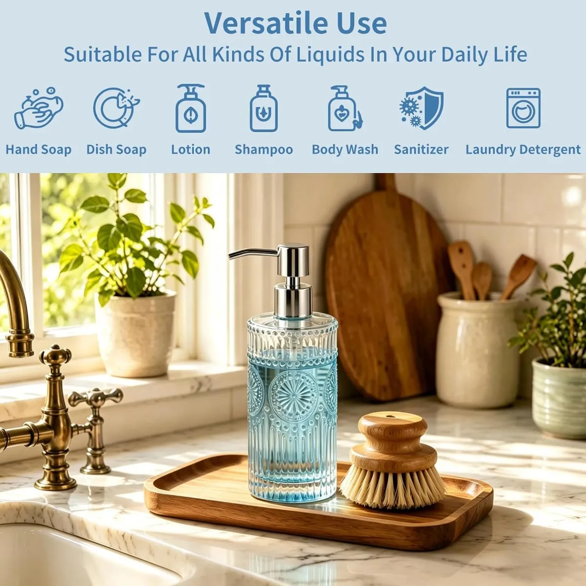 Vintage Sunflower Glass Soap Dispenser (16oz), Elegant Embossed Liquid Soap Bottle with Rust-Proof Pump, Refillable for Kitchen, Bathroom & Farmhouse Decor