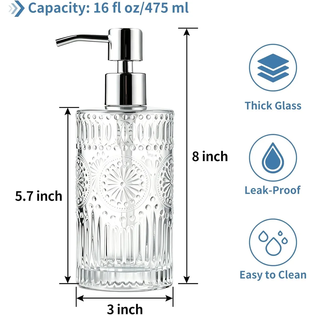 Vintage Sunflower Glass Soap Dispenser (16oz), Elegant Embossed Liquid Soap Bottle with Rust-Proof Pump, Refillable for Kitchen, Bathroom & Farmhouse Decor