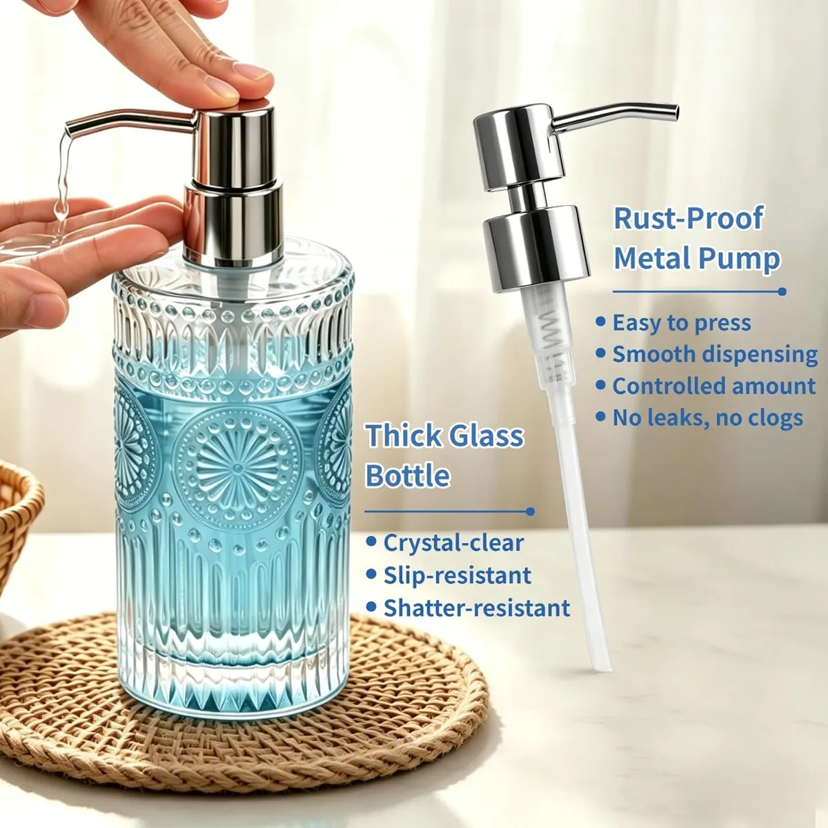 Vintage Sunflower Glass Soap Dispenser (16oz), Elegant Embossed Liquid Soap Bottle with Rust-Proof Pump, Refillable for Kitchen, Bathroom & Farmhouse Decor