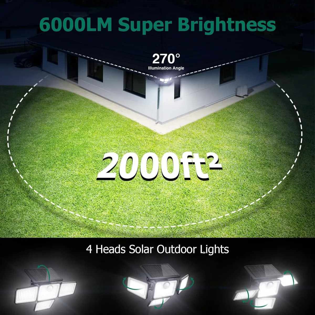 6000LM Solar Security Lights with Remote, 4-Head Motion Sensor Flood Light, IP65 Waterproof Outdoor Wall Lamp for Garden, Backyard, and Driveway
