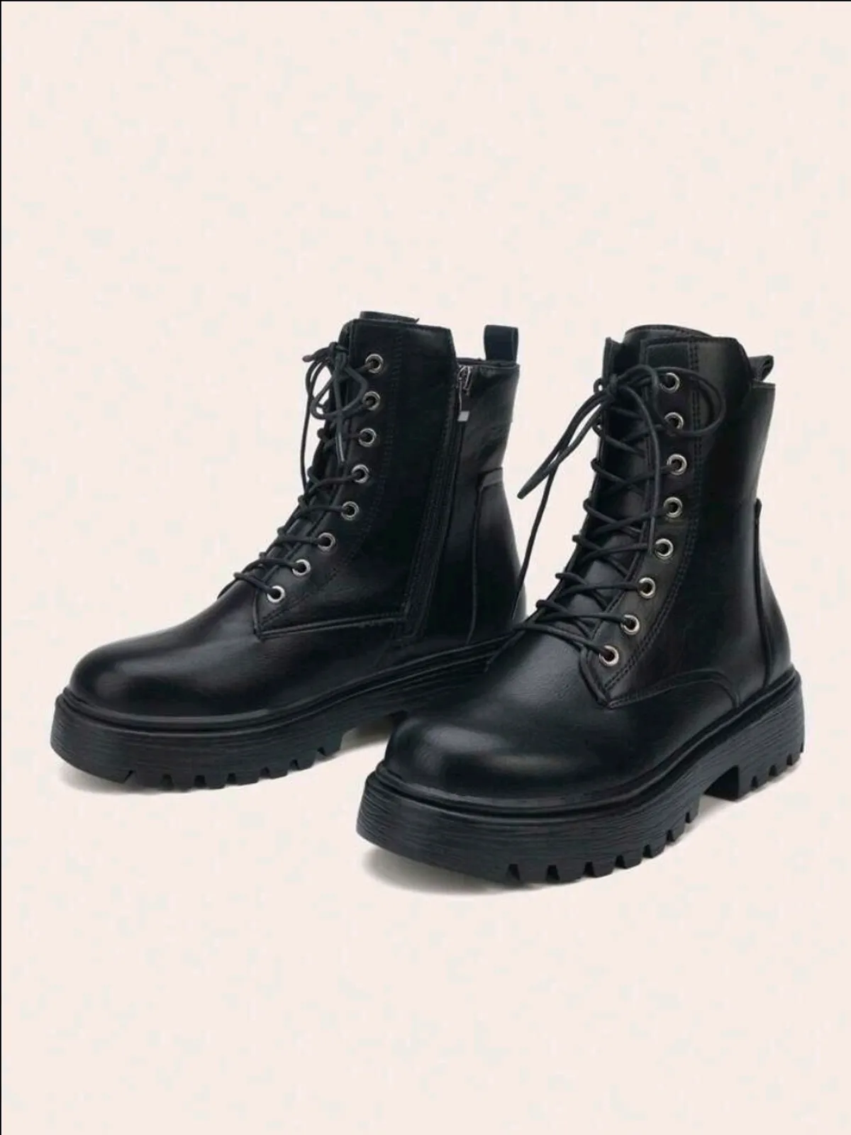 Women's New Black Boots, Thick Sole Round Toe Lace-Up Boots - Size 10.5