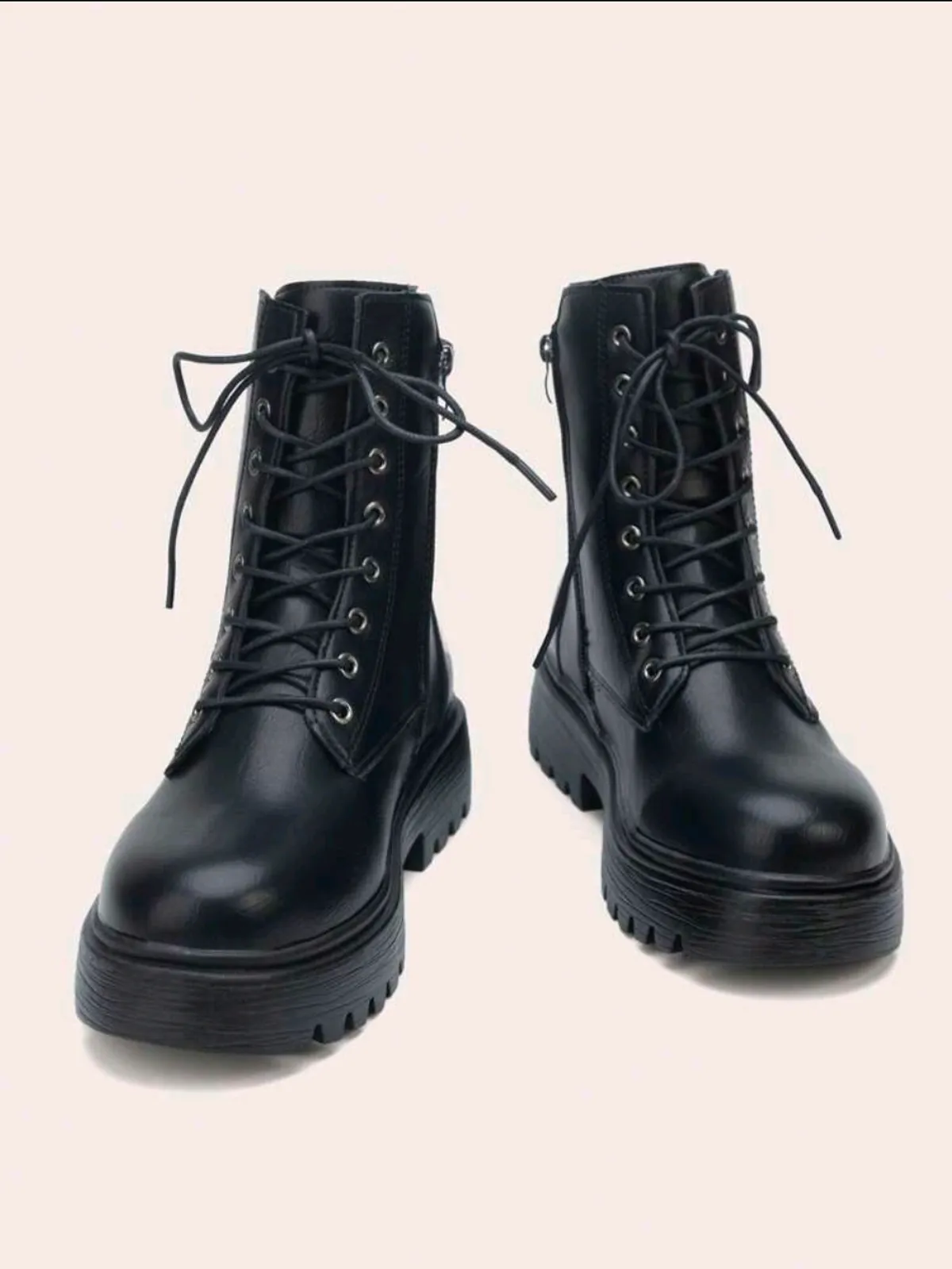 Women's New Black Boots, Thick Sole Round Toe Lace-Up Boots - Size 10.5