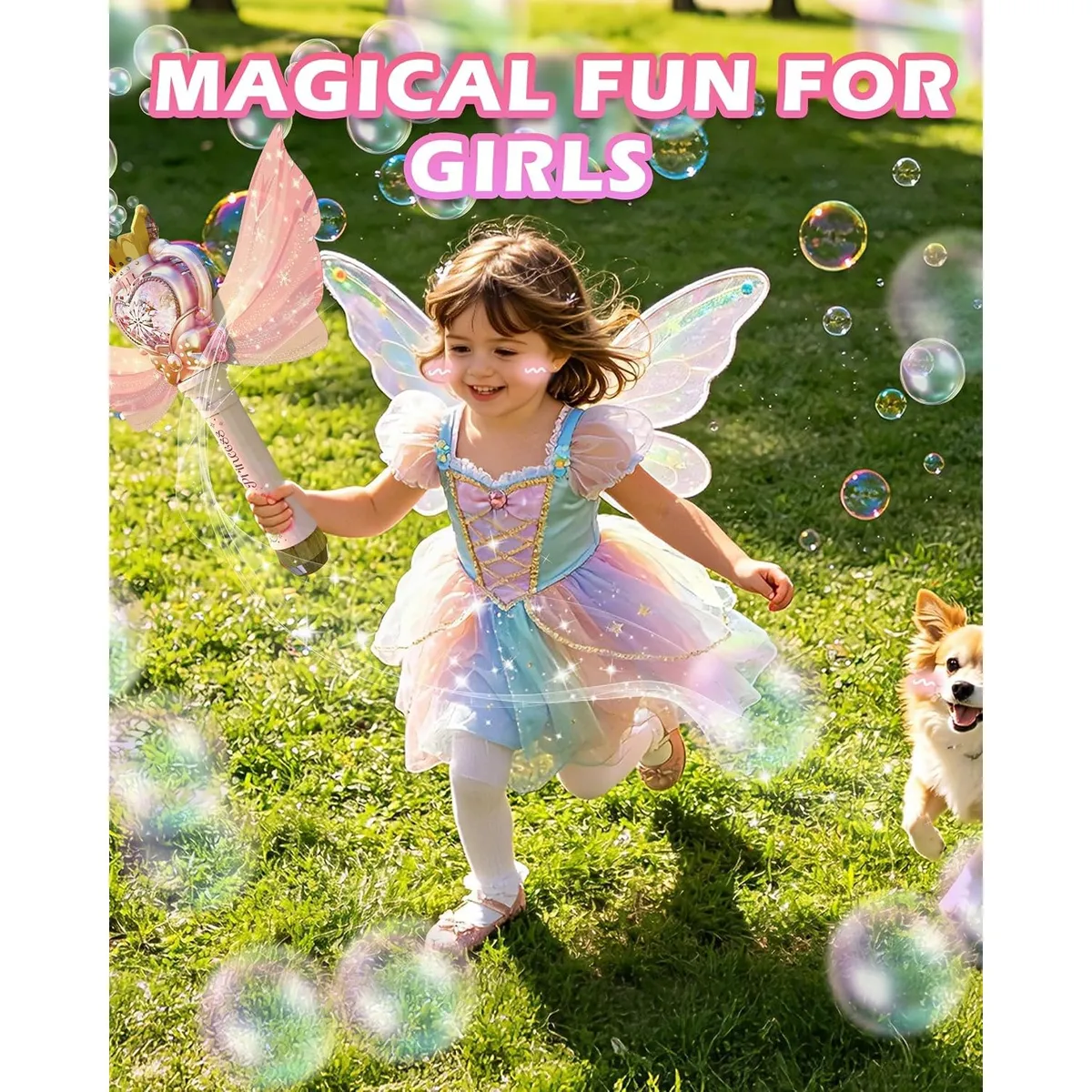 Princess Light Up Bubble Wand with Music, Fairy Wing Toy for Girls, Includes Bubble Solution, Perfect Birthday Gift for Outdoor Play and Parties