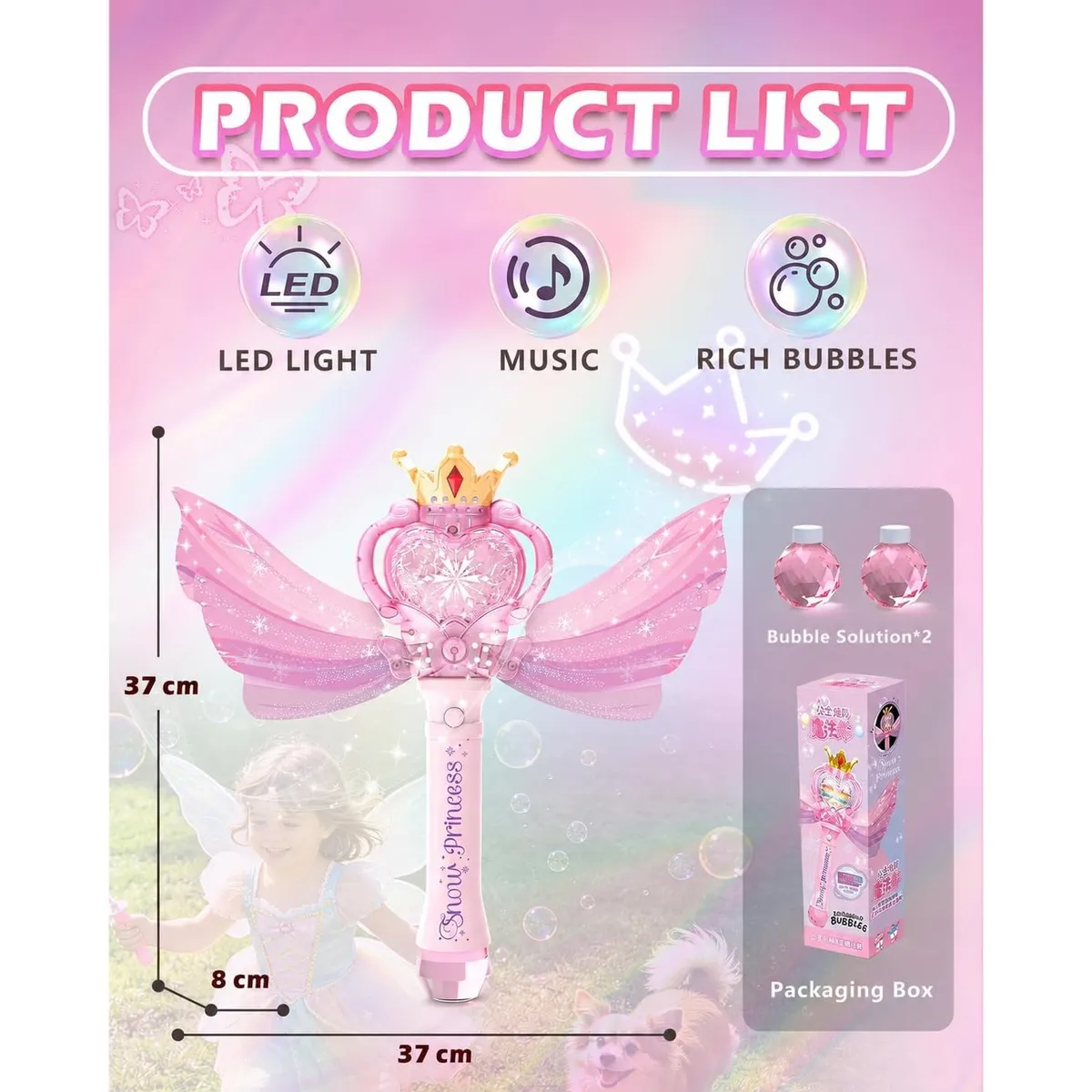 Princess Light Up Bubble Wand with Music, Fairy Wing Toy for Girls, Includes Bubble Solution, Perfect Birthday Gift for Outdoor Play and Parties