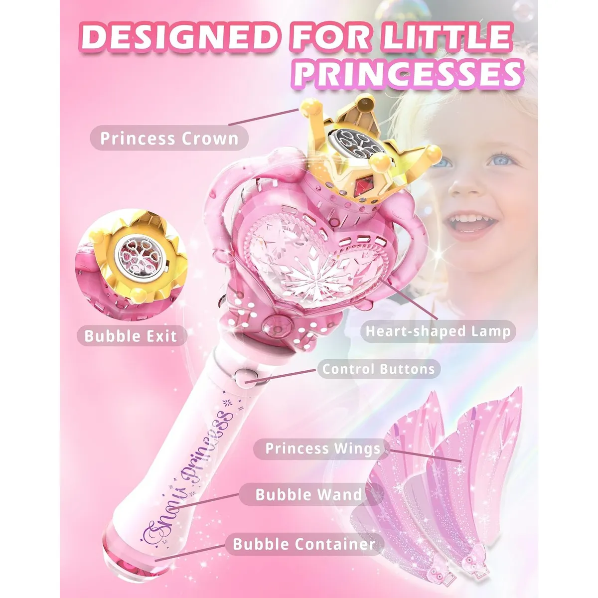 Princess Light Up Bubble Wand with Music, Fairy Wing Toy for Girls, Includes Bubble Solution, Perfect Birthday Gift for Outdoor Play and Parties