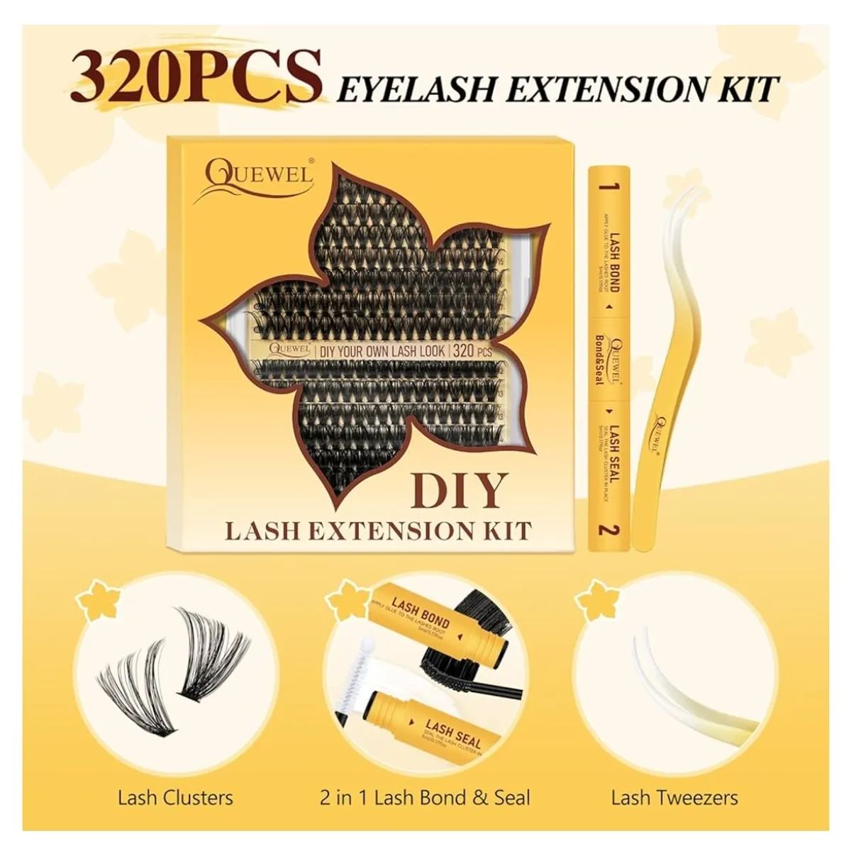 QUEWEL Lash Clusters Kit, 320Pcs 60D+80D Lash Cluster Eyelash Extensions Mix 12-18mm 3D Eyelash Clusters with Lash Bond and Seal and Lash Tweezers Easily Create 3D Lashes Clusters at Home(60+80D Kit)