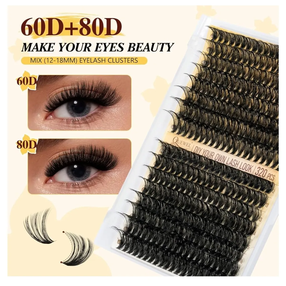 QUEWEL Lash Clusters Kit, 320Pcs 60D+80D Lash Cluster Eyelash Extensions Mix 12-18mm 3D Eyelash Clusters with Lash Bond and Seal and Lash Tweezers Easily Create 3D Lashes Clusters at Home(60+80D Kit)