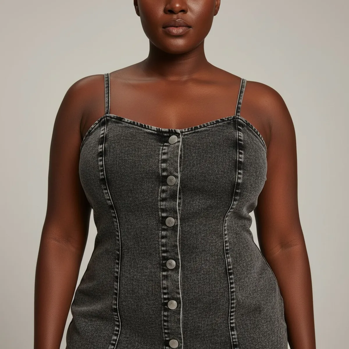 Women's Grey Summer Denim Dress With  A Fitted Waist And Mid-Length Design - Size L