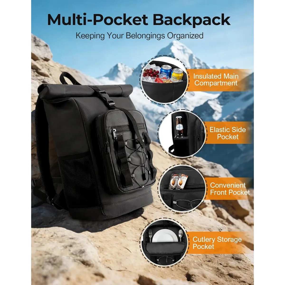 Rolltop Cooler Backpack, 36-Can Insulated Bag with 20-Hour Cold Retention, Waterproof Leak-Proof Design, Large Capacity