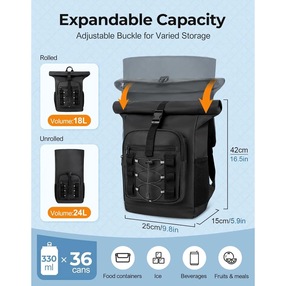 Rolltop Cooler Backpack, 36-Can Insulated Bag with 20-Hour Cold Retention, Waterproof Leak-Proof Design, Large Capacity