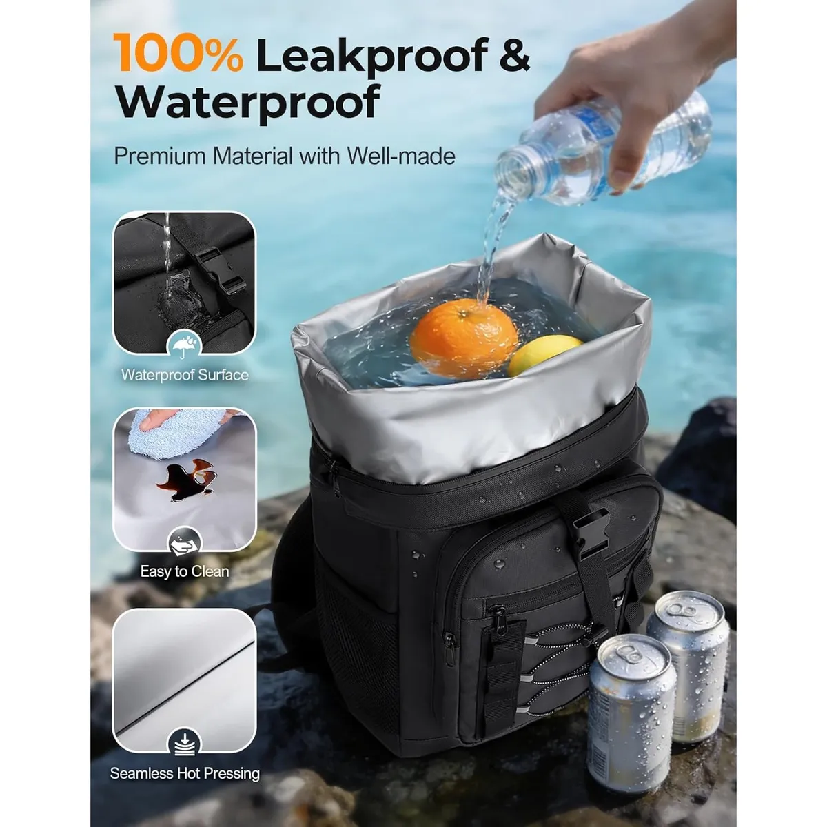 Rolltop Cooler Backpack, 36-Can Insulated Bag with 20-Hour Cold Retention, Waterproof Leak-Proof Design, Large Capacity