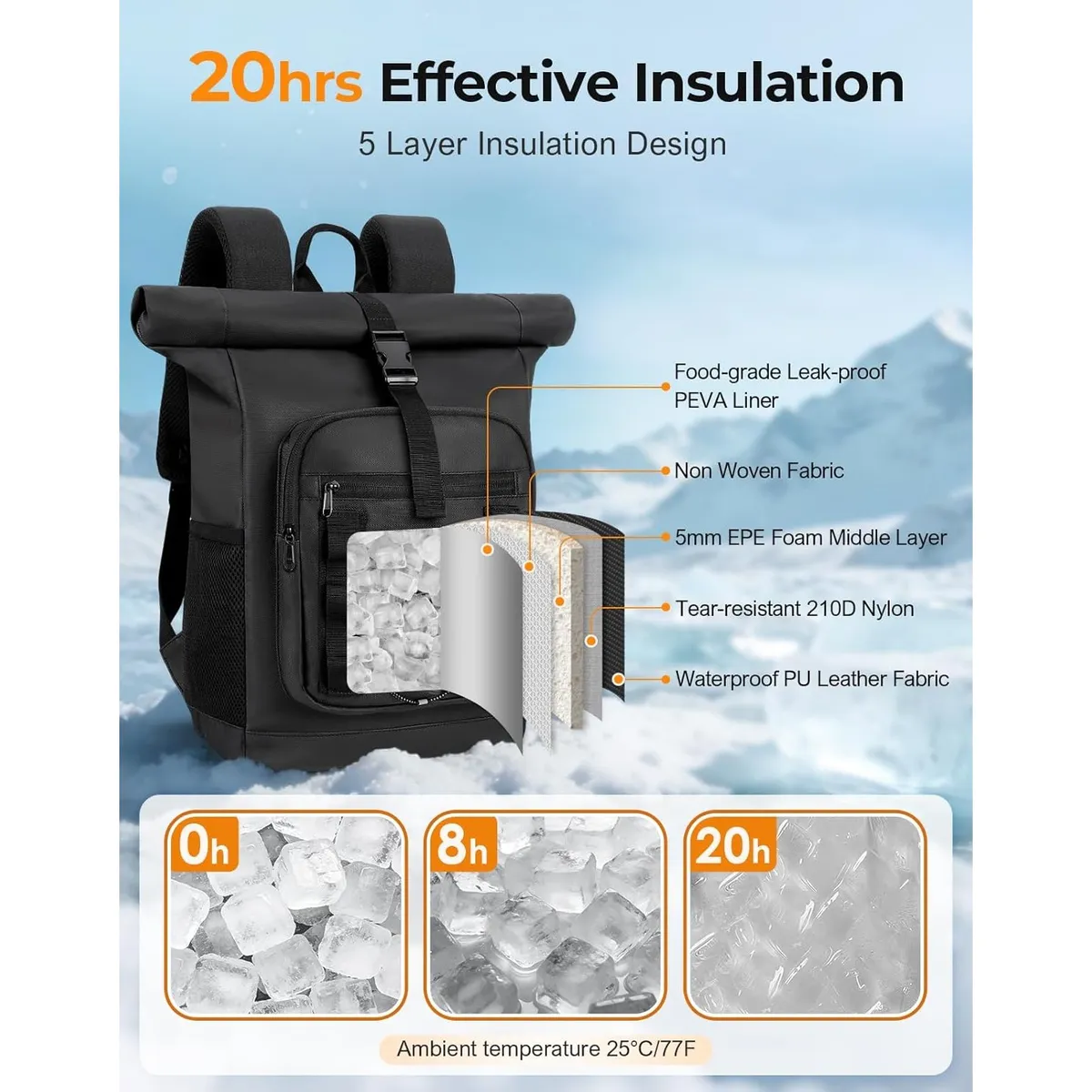 Rolltop Cooler Backpack, 36-Can Insulated Bag with 20-Hour Cold Retention, Waterproof Leak-Proof Design, Large Capacity