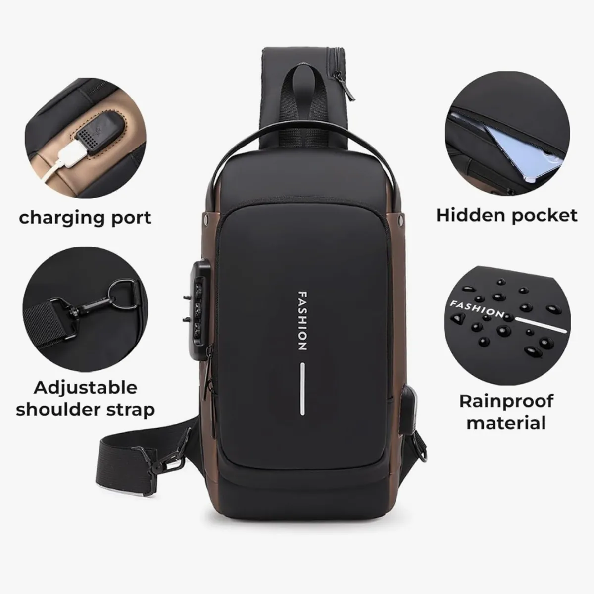 USB Charging Sport Sling Anti-theft Shoulder Bag - Black Gold