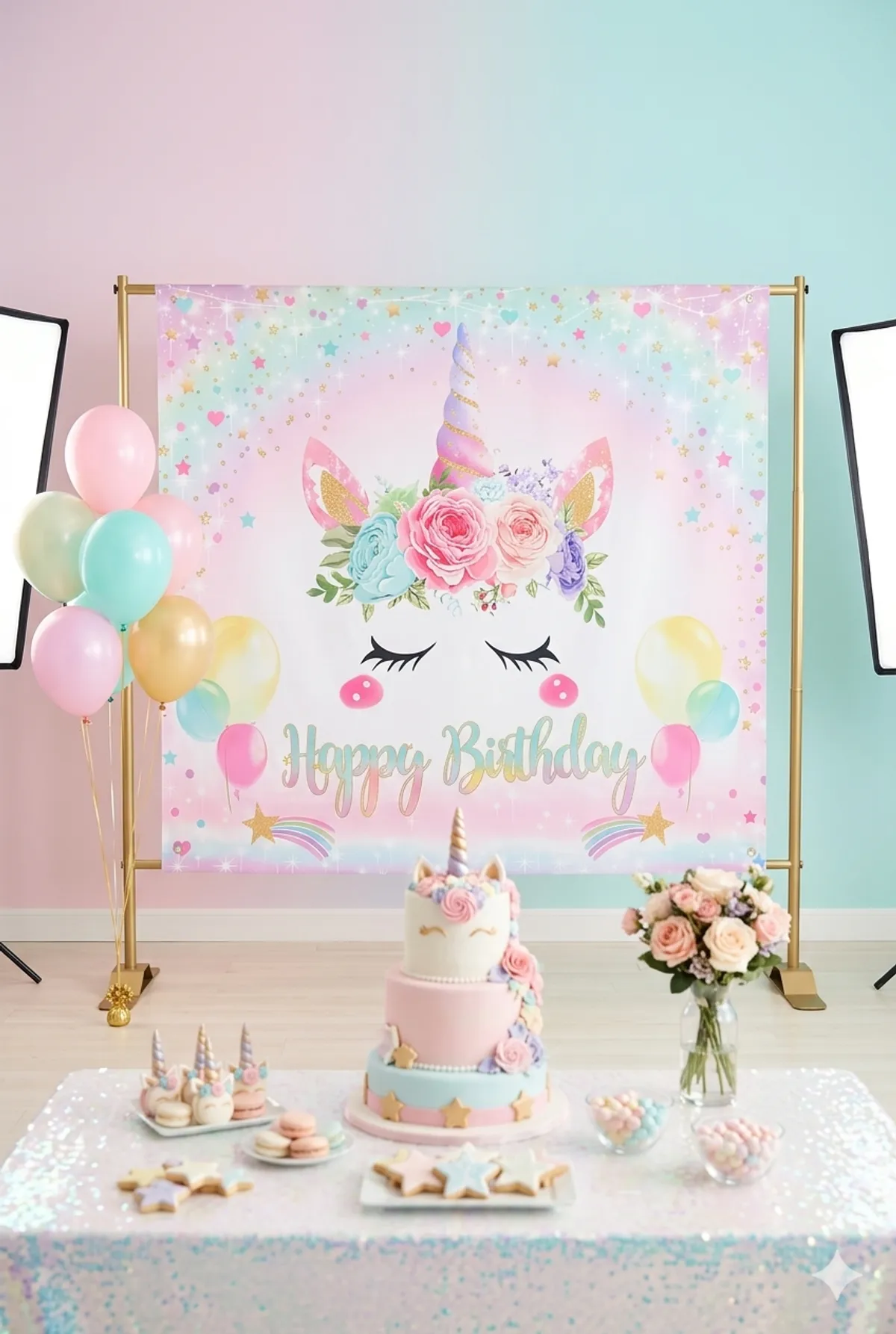 2D Flat 1 PC Single Polyester Unicorn Birthday Backdrop Banner Featuring A String