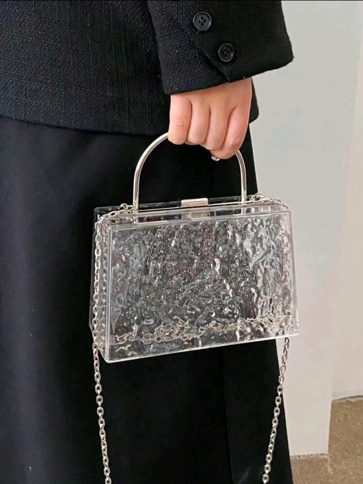 Mini Chain Decor Transparent Water Ripple Hard-Shell Metal Box Handbag