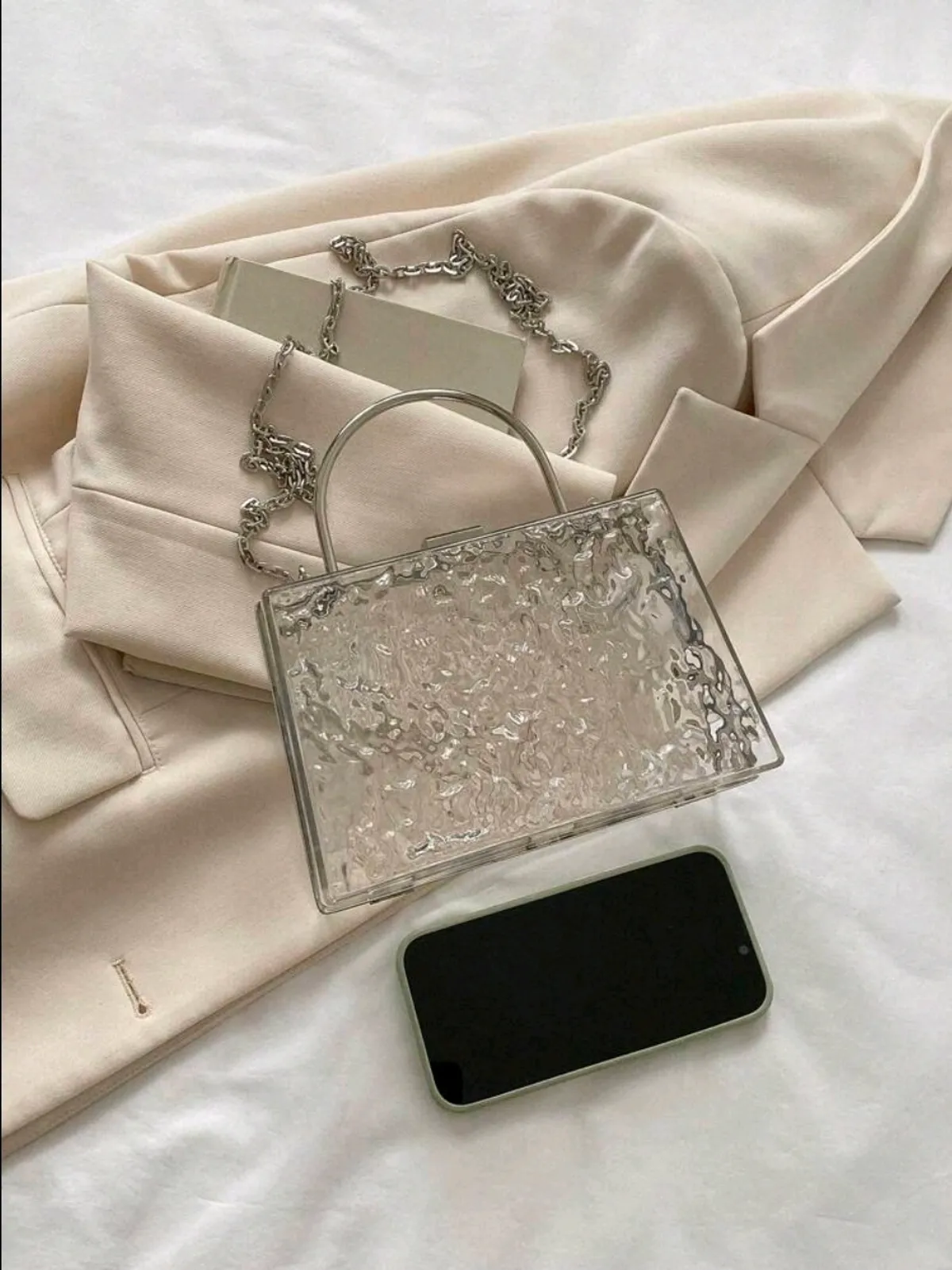 Mini Chain Decor Transparent Water Ripple Hard-Shell Metal Box Handbag