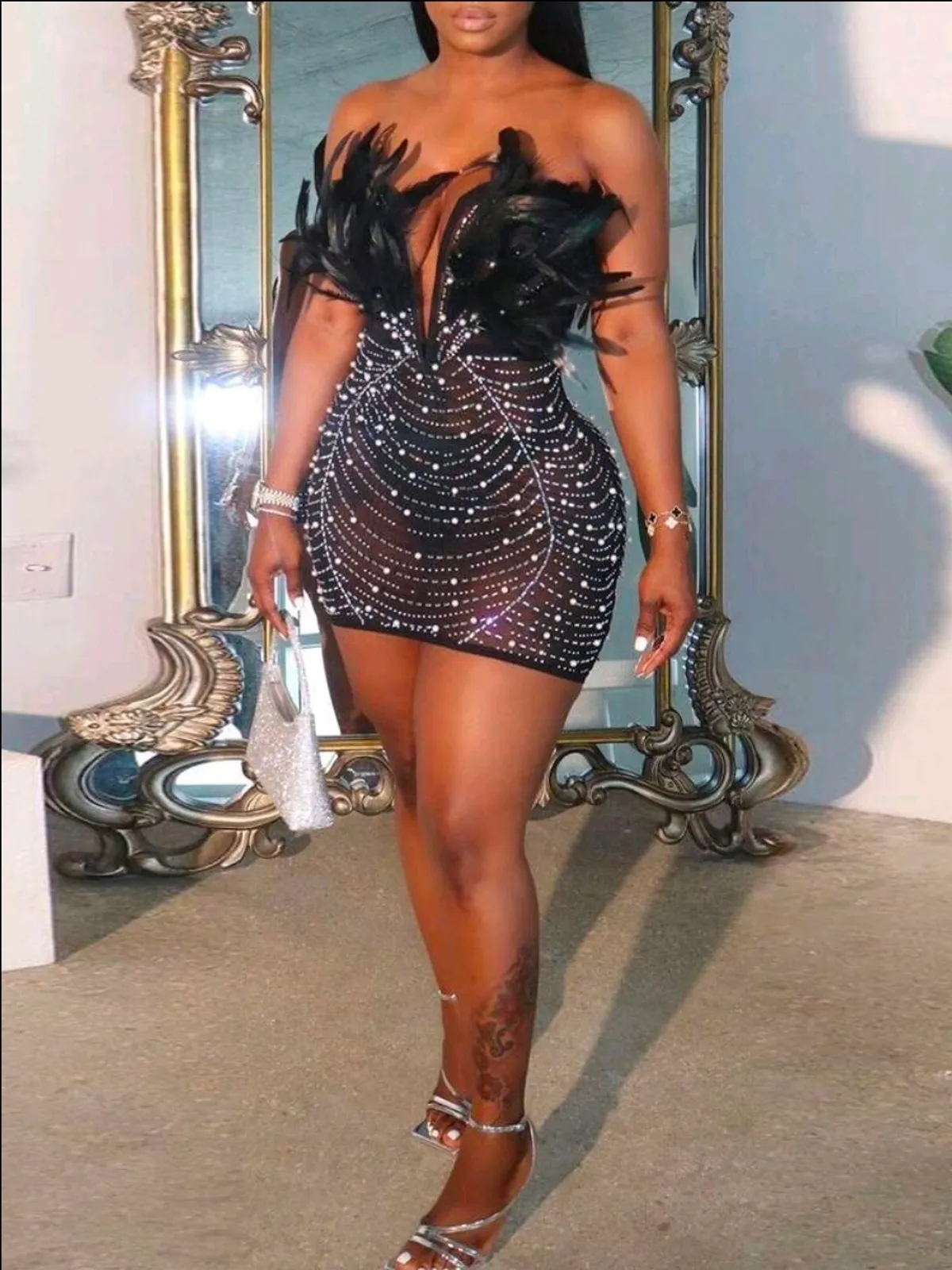 Women's Sexy Deep V-Neck Faux Feather Off-Shoulder Rhinestone Mesh Mini Dress - Size S