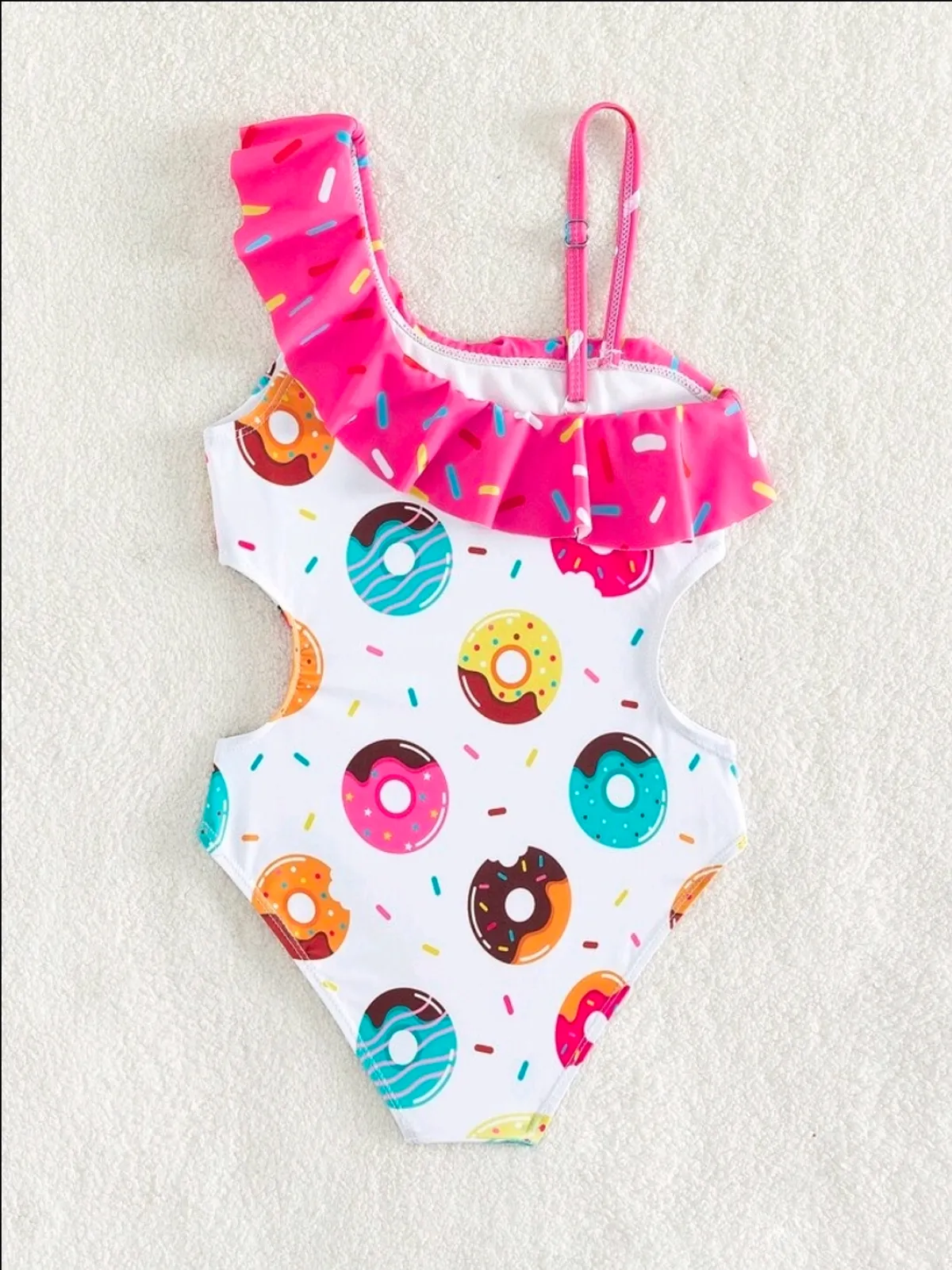 Young Girl Donuts Print Cut Out Ruffle Trim Asymmetrical Neck One Piece Swimsuit - Size 9-12M