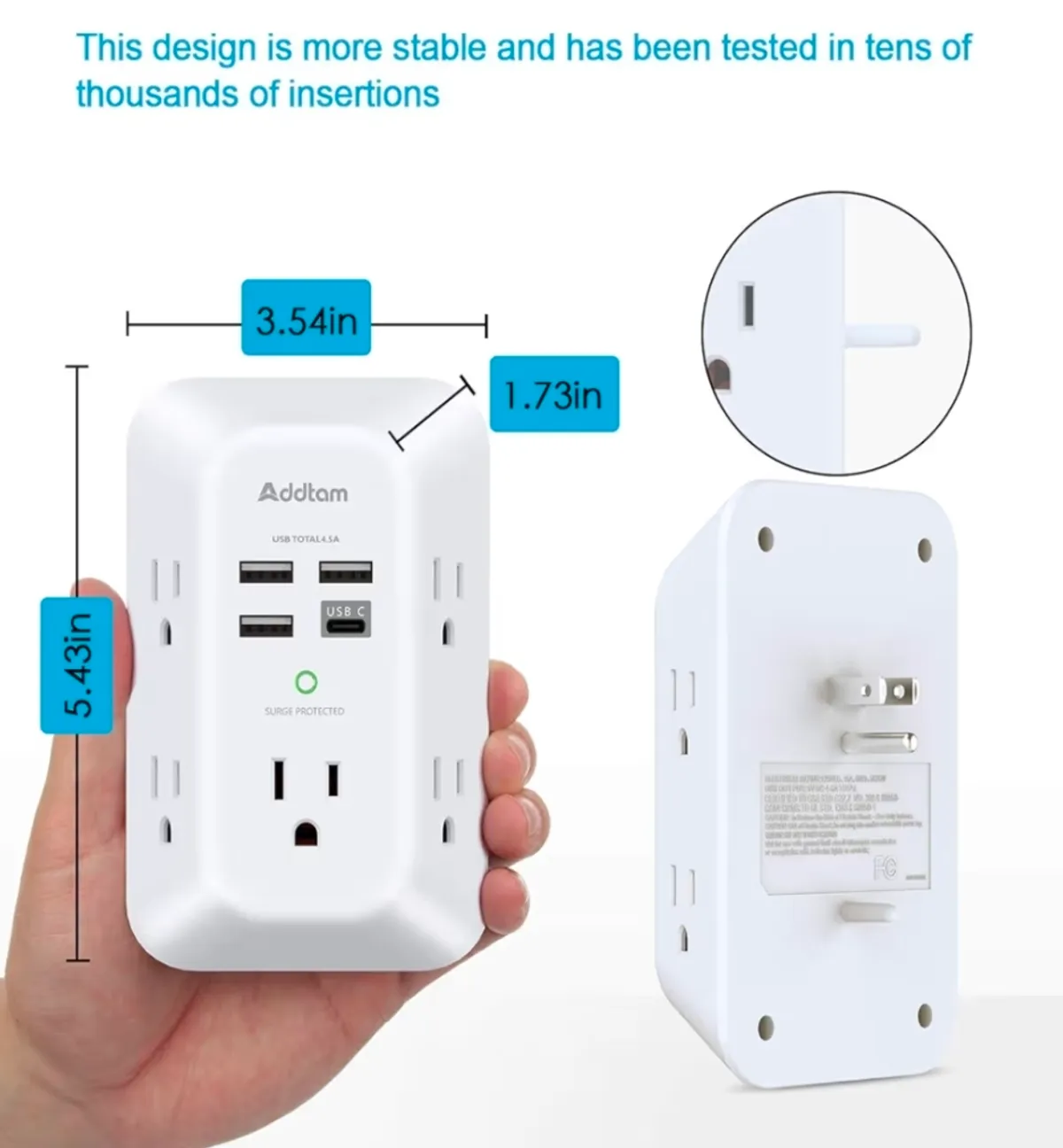 Addtam 5-Outlet Extender Surge Protector, Multi Plug Wall Outlet with 4 USB Wall Charger(1 USB C Ports)