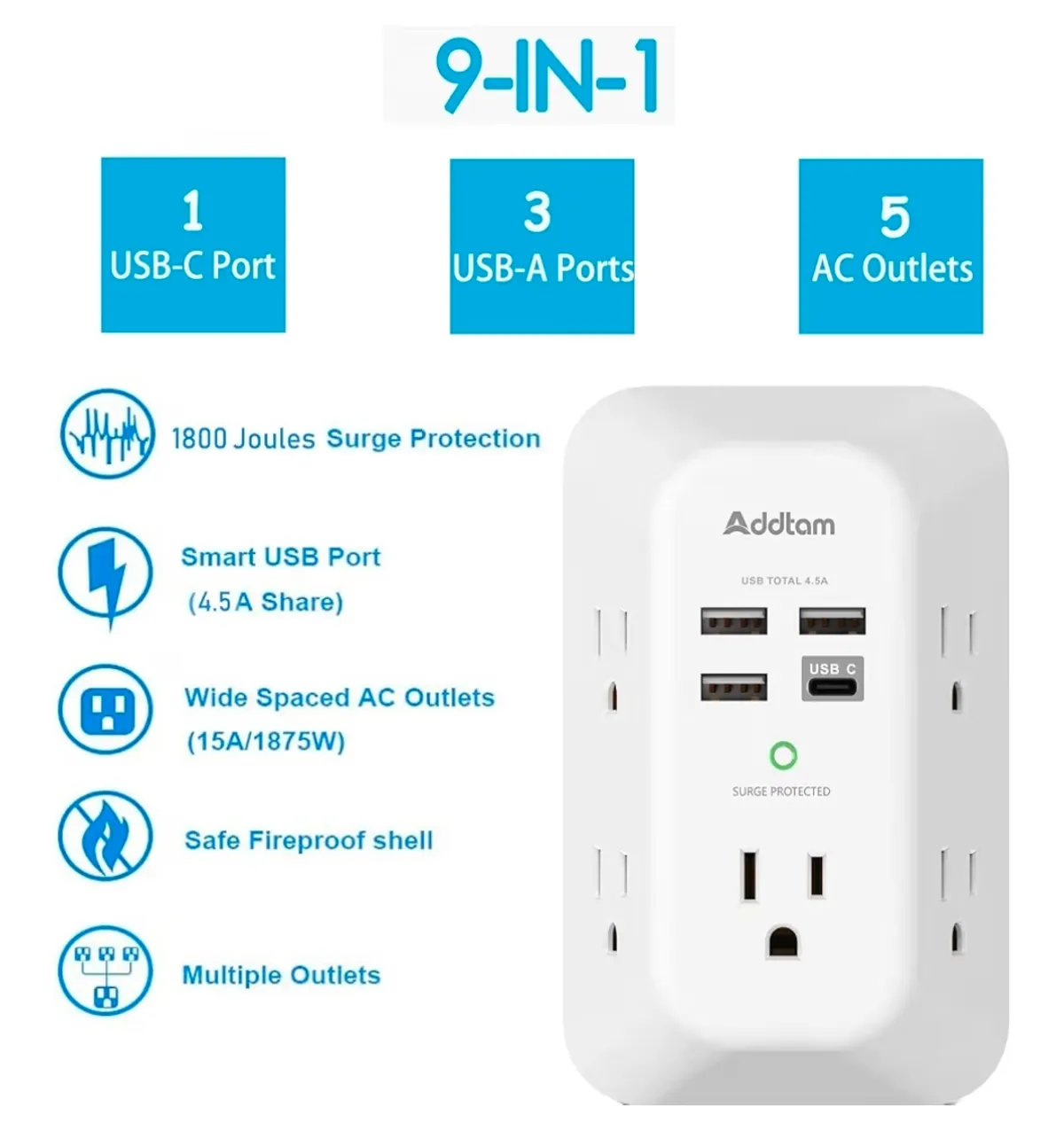 Addtam 5-Outlet Extender Surge Protector, Multi Plug Wall Outlet with 4 USB Wall Charger(1 USB C Ports)