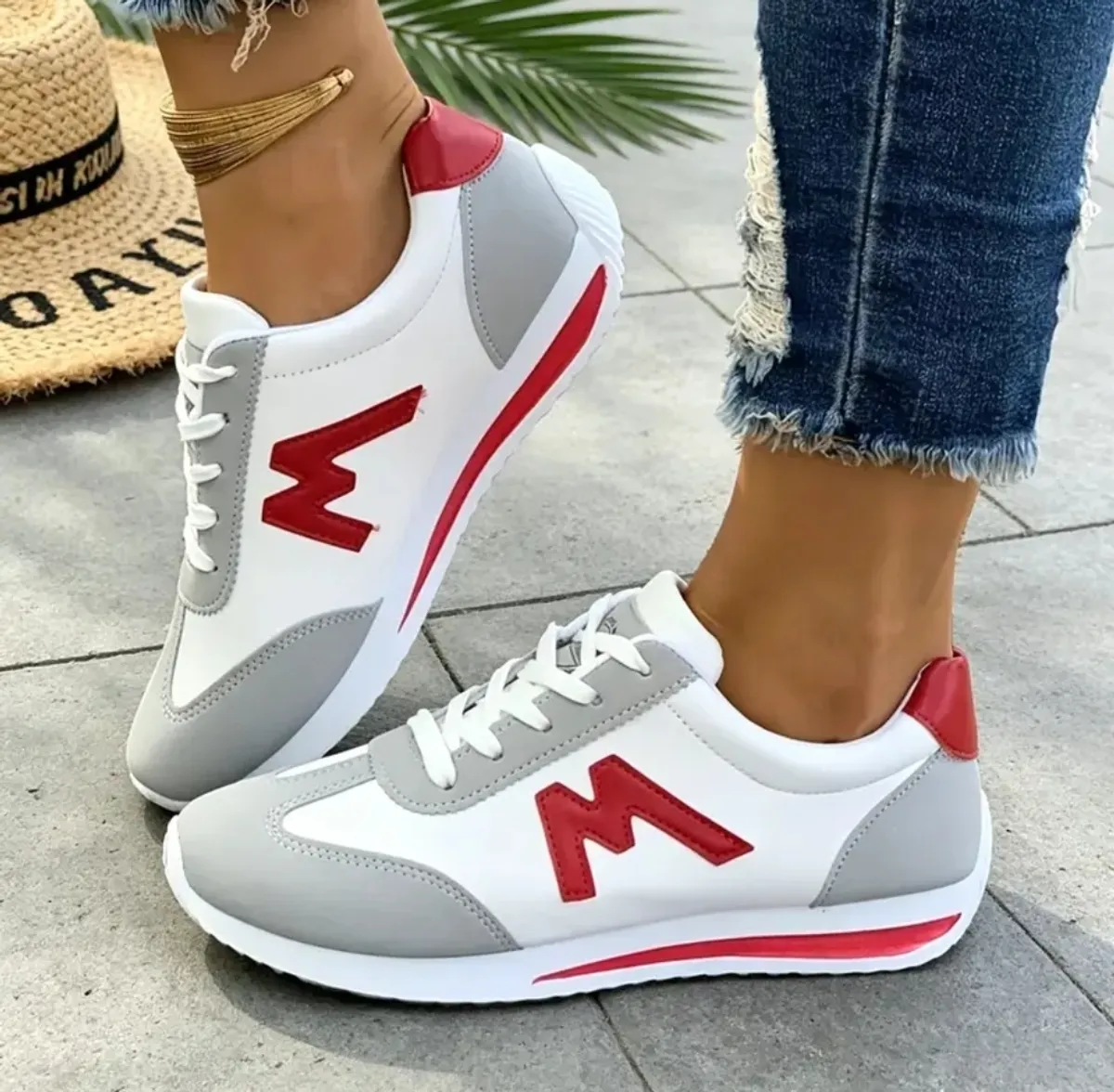 Women's Low-Top Sneakers with EVA Sole Cushioning - Lightweight Lace-Up Running Shoes Suitable for Year-Round Wear, Striped Casual Athletic Footwear in White/Black/Red/Yellow/Green/Navy, Round Toe & Cushioned Sole for Gym, Office, Daily Use, Women