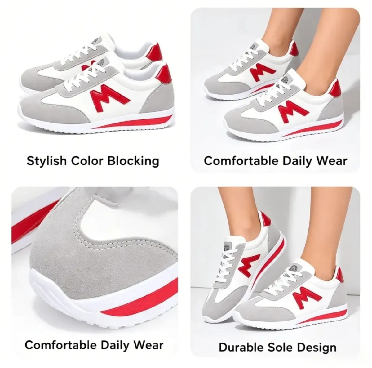 Women's Low-Top Sneakers with EVA Sole Cushioning - Lightweight Lace-Up Running Shoes Suitable for Year-Round Wear, Striped Casual Athletic Footwear in White/Black/Red/Yellow/Green/Navy, Round Toe & Cushioned Sole for Gym, Office, Daily Use, Women