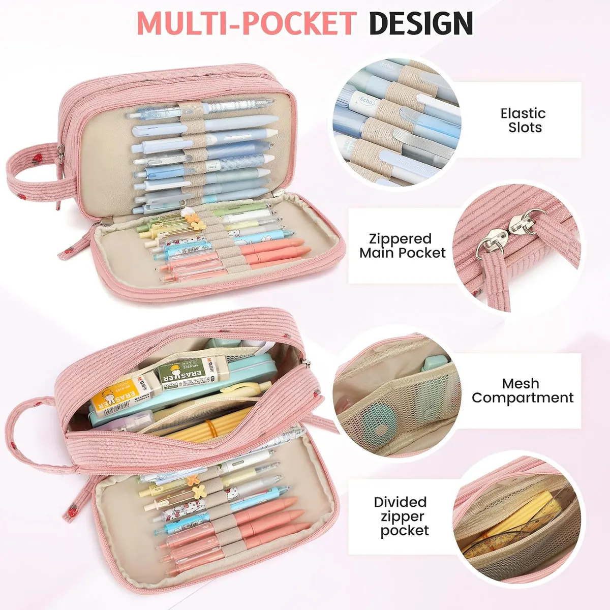 Large Corduroy Pencil Case, High Capacity Pen Pouch with Handle, Multiple Pocket Organizer for School Supplies, Makeup, Art Tools, Vintage Style, Pink