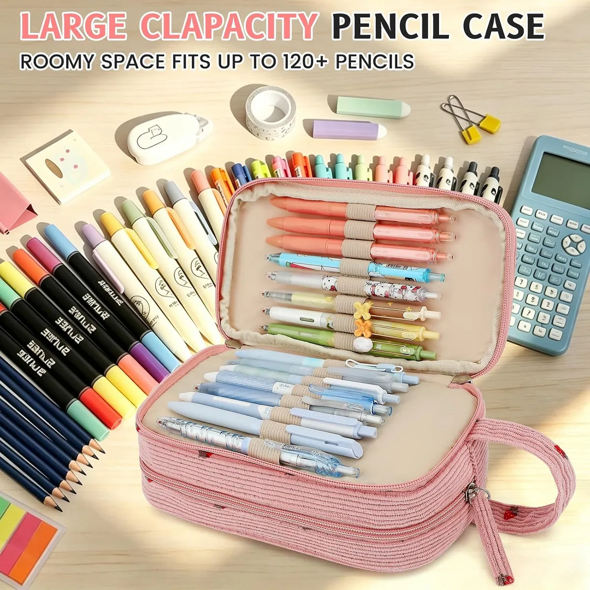 Large Corduroy Pencil Case, High Capacity Pen Pouch with Handle, Multiple Pocket Organizer for School Supplies, Makeup, Art Tools, Vintage Style, Pink