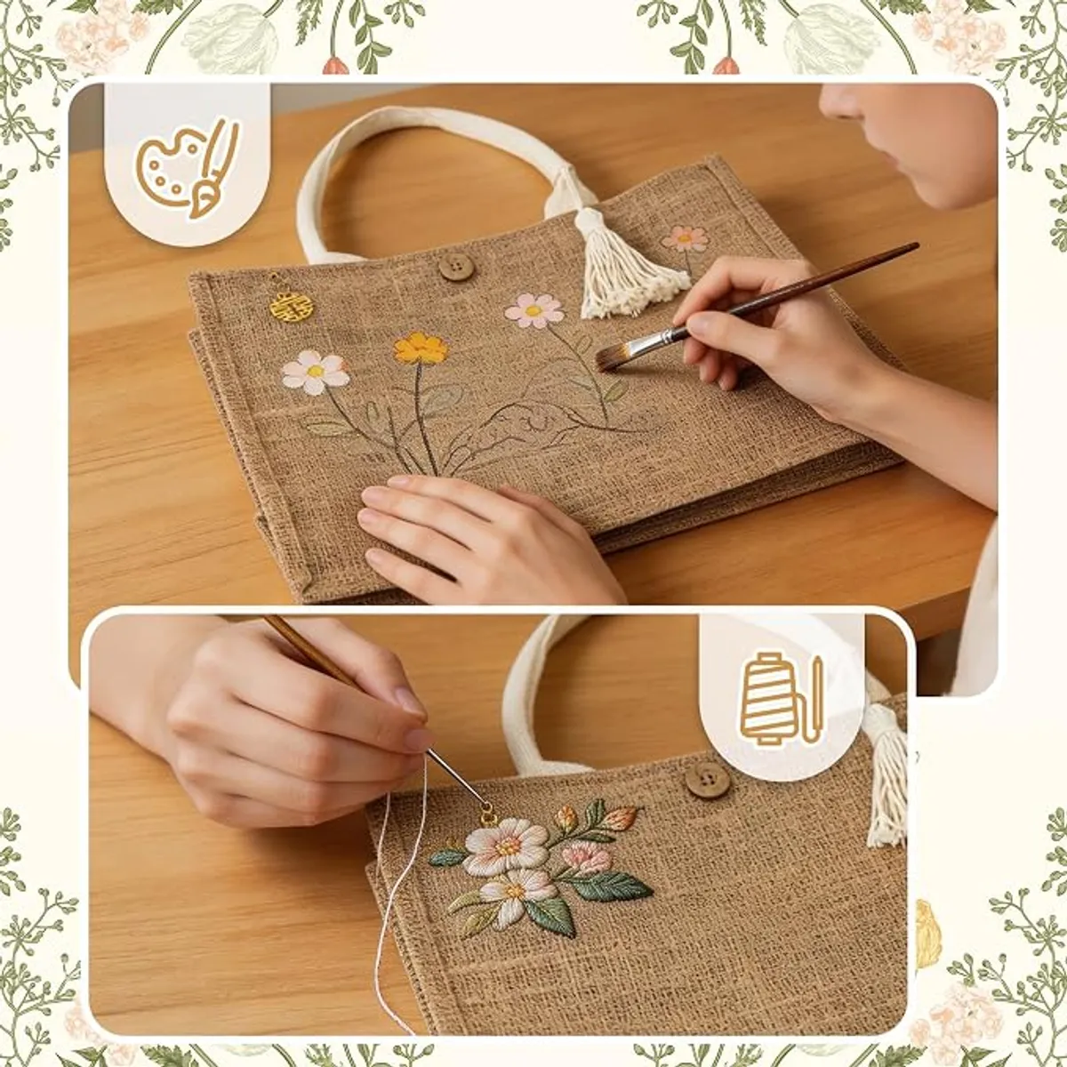 Large Burlap Jute Tote Bag with PE Liner, Reusable Waterproof Shopping Bag, DIY Craft Kit with Tassels, Eco-Friendly Beach & Grocery Tote, 15x10x6 Inch