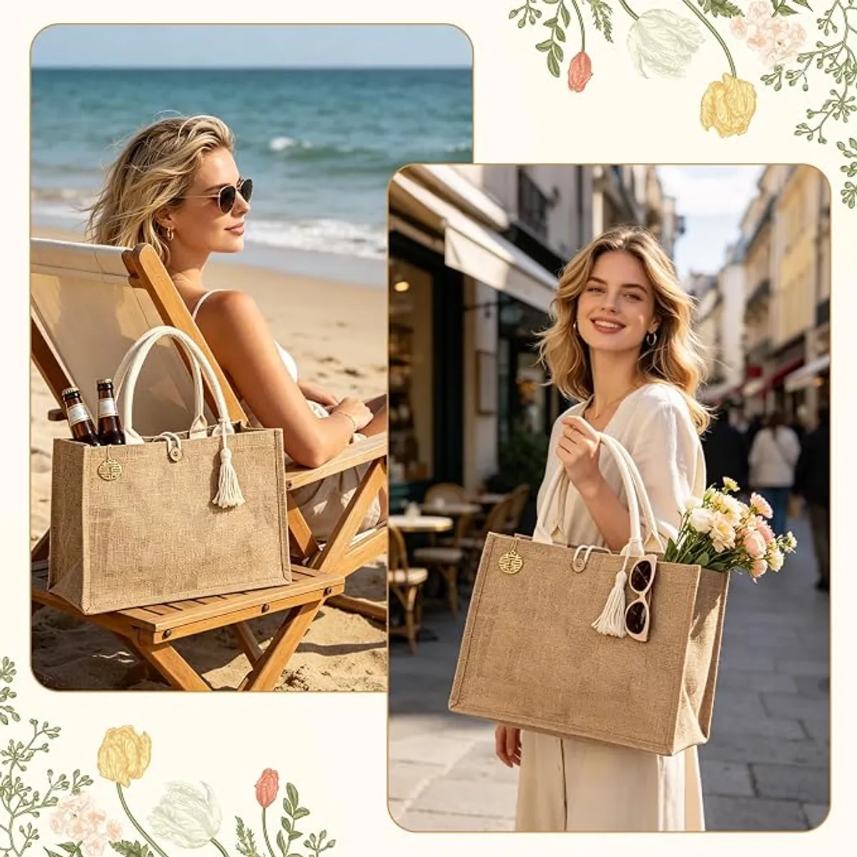 Large Burlap Jute Tote Bag with PE Liner, Reusable Waterproof Shopping Bag, DIY Craft Kit with Tassels, Eco-Friendly Beach & Grocery Tote, 15x10x6 Inch