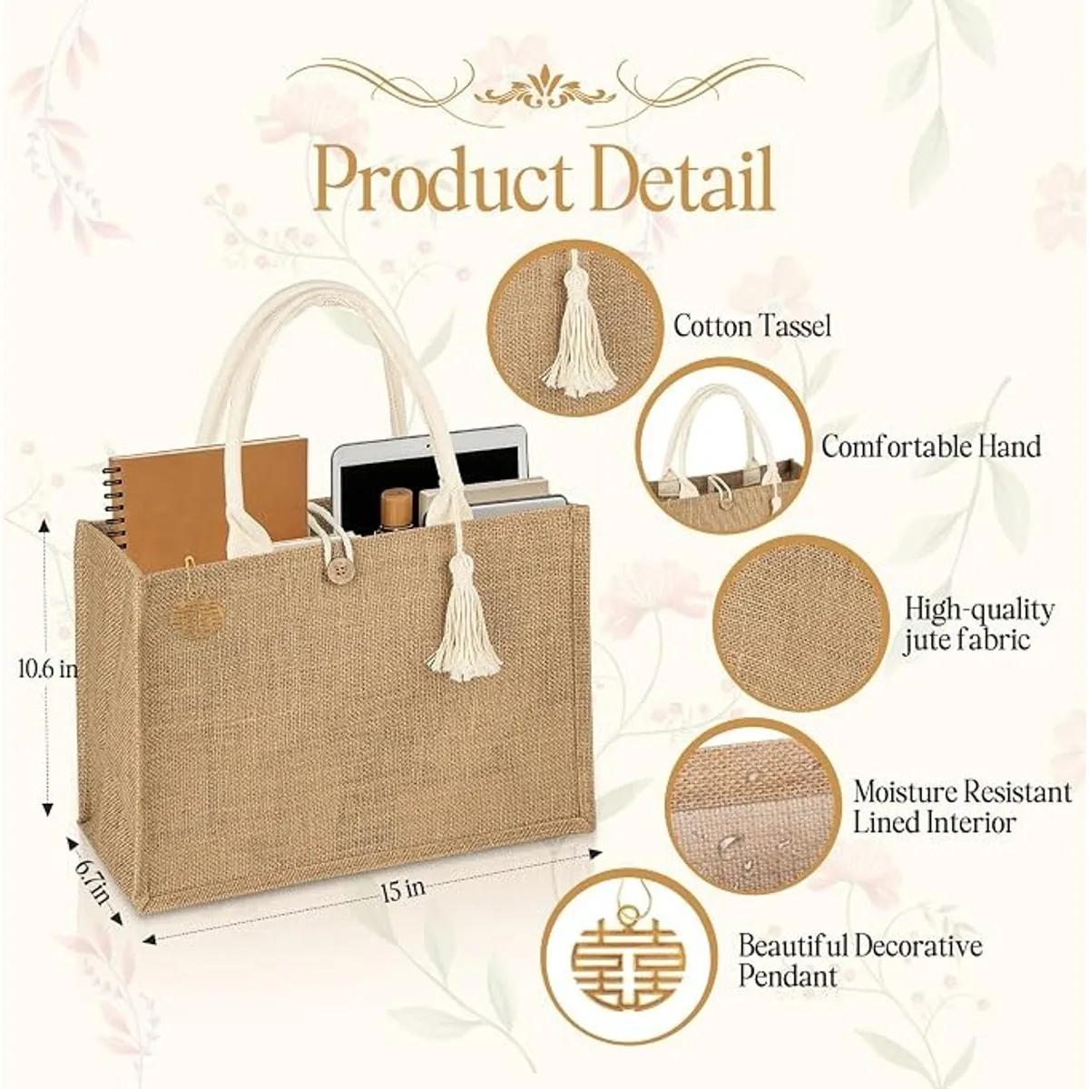 Large Burlap Jute Tote Bag with PE Liner, Reusable Waterproof Shopping Bag, DIY Craft Kit with Tassels, Eco-Friendly Beach & Grocery Tote, 15x10x6 Inch