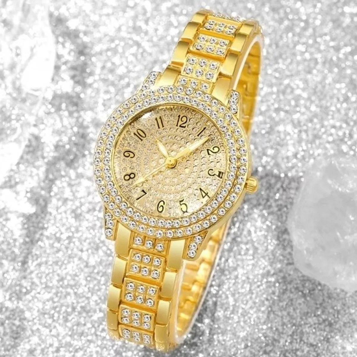 Women's  Gold Elegant Round Digital Quartz Watch and Bracelet Set