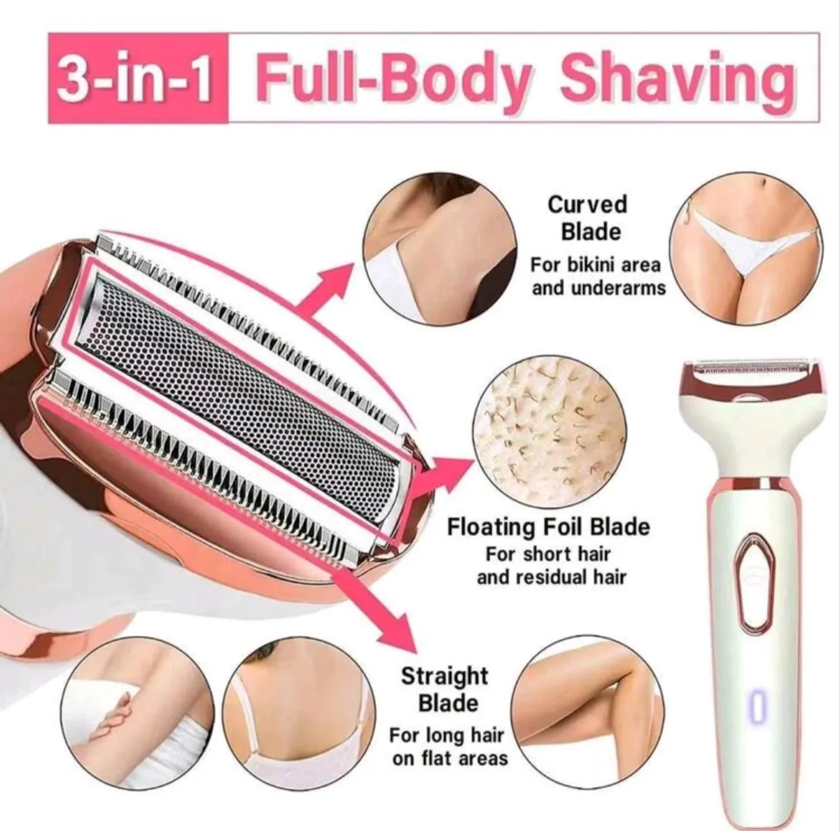 4-In-1 Women's Electric Shaver, Facial Hair Remover, Eyebrow Trimmer, Bikini Trimmer, Portable Epilator, Long Battery Life