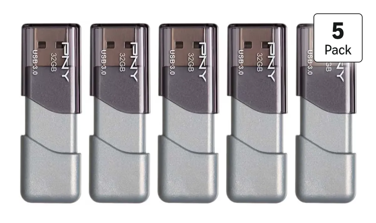 PNY 32GB Turbo Attache 3 USB 3.0 Flash Drive, Grey (Pack of 5)