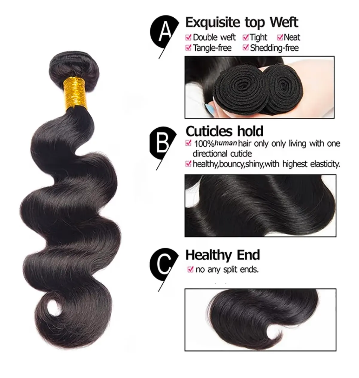 22 24 26 Inch Body Wave Bundles Human Hair 3 Bundles Brazilian Remy Hair 100 Grams/Bundle Unprocessed Virgin Hairs #1B Natural Black Color Color Body Wave Bundle Weaves Extensions