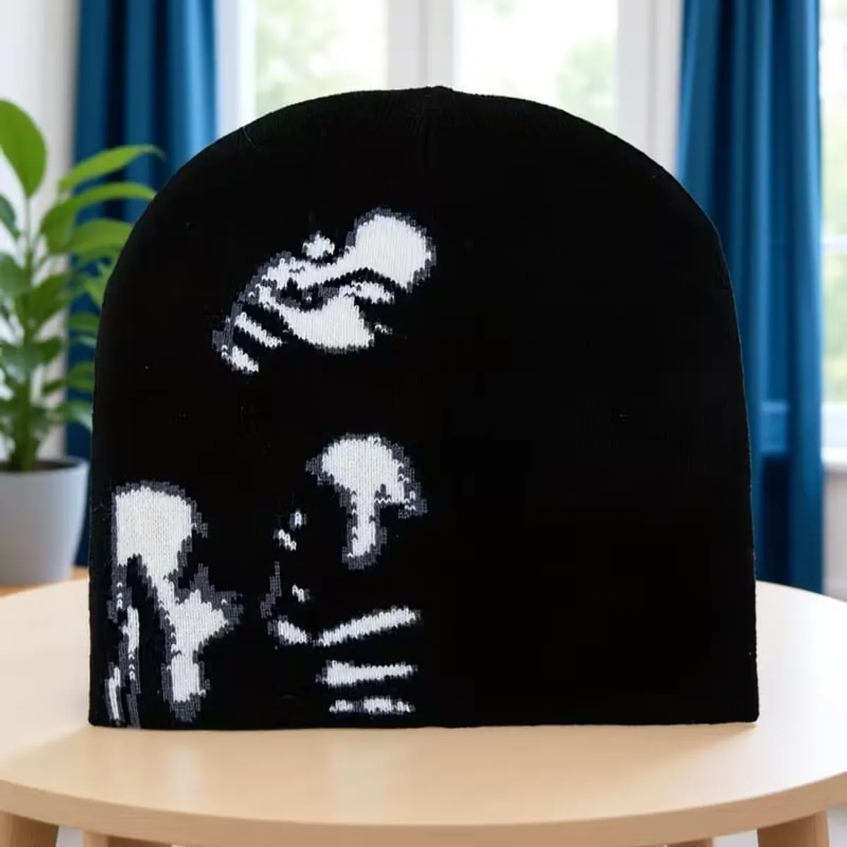 Women's Jacquard Beanie, Casual Fashion Black and White Skull Cap