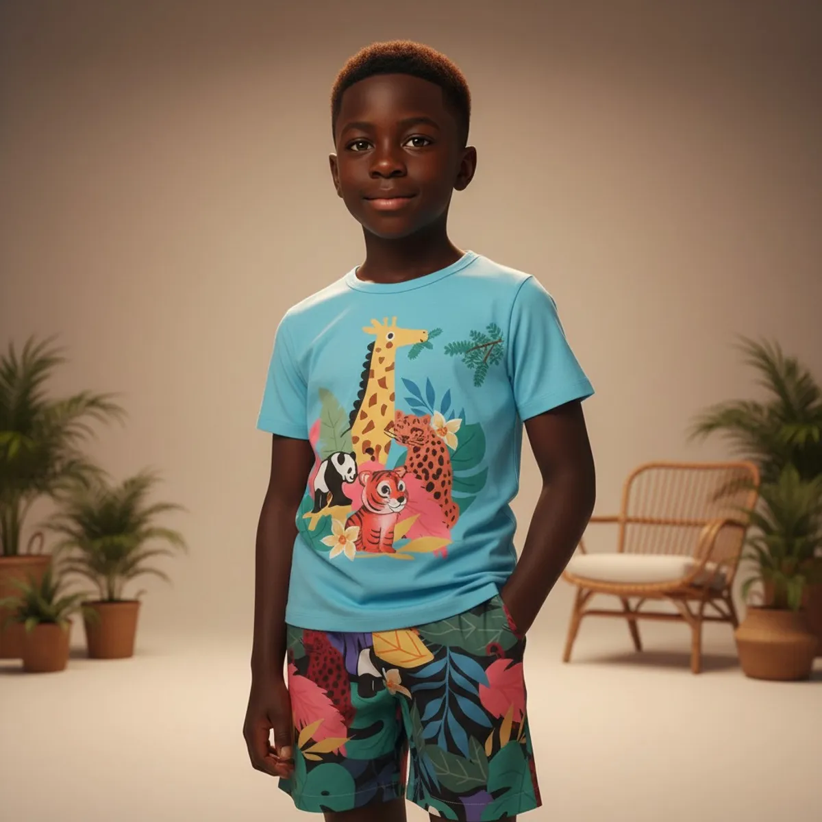 Boys Safari Outfit Wild Animal Shorts Set - Size 6Y